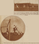874249 Collage van 2 foto's betreffende de voetbalwedstrijd tussen U.V.V. (Utrecht) en B.E.C. (Delft), op het ...